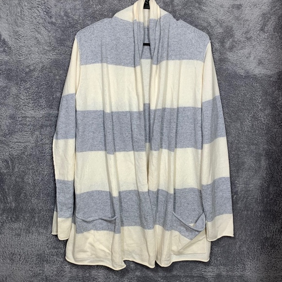 Unbranded Sweaters - Women’s Open Front Striped Cardigan Sweater Gray White Long Sleeve Pockets Size